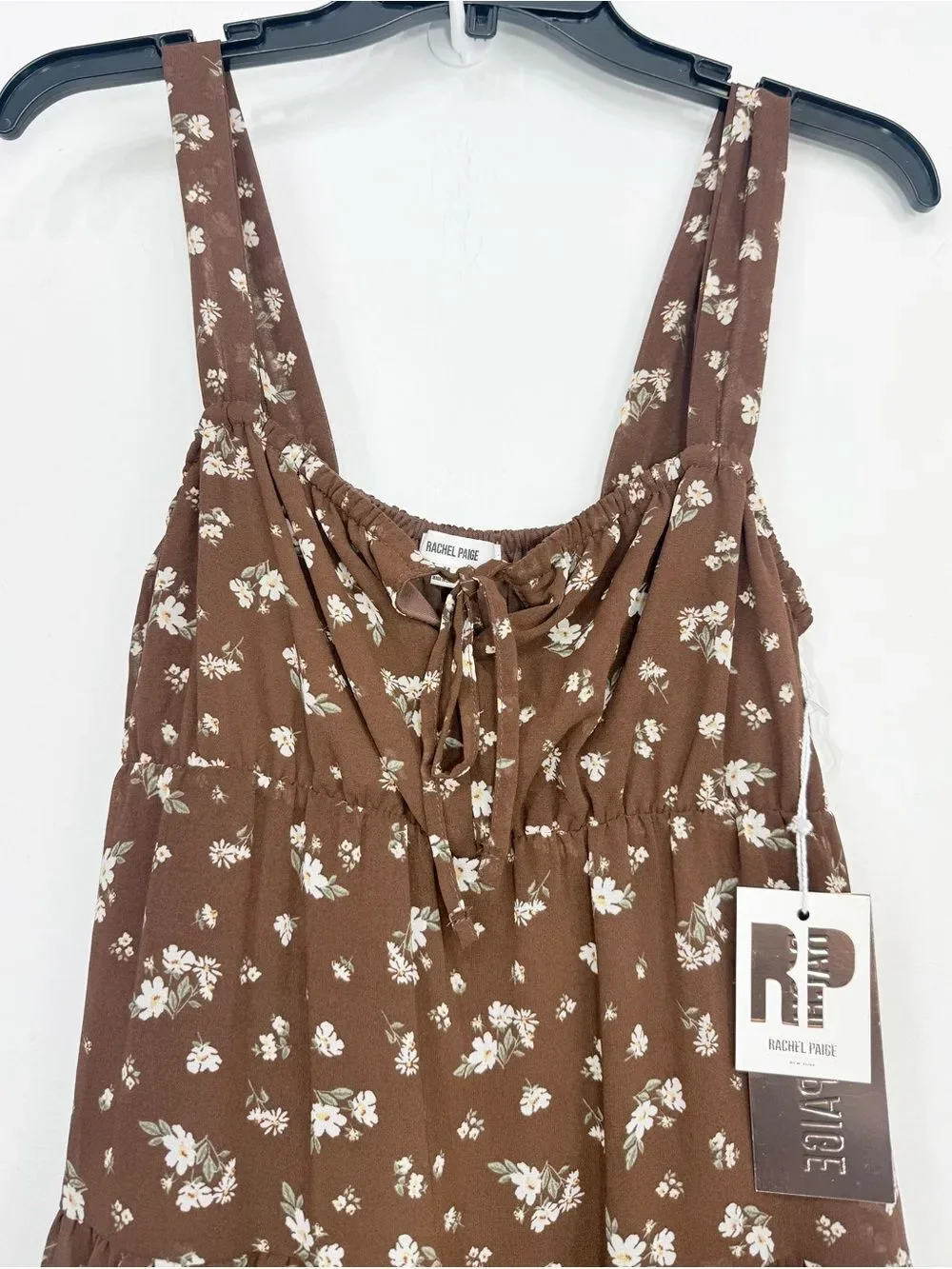 Rachel Paige Brown White Floral Baby Doll Cottage Core Tiered Mini Dress NEW